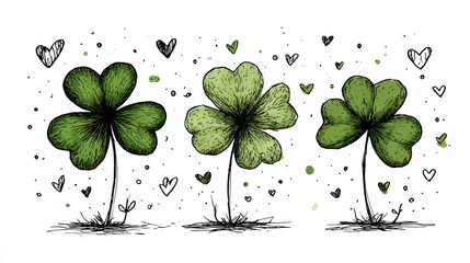 A collection of clover leaves with hearts