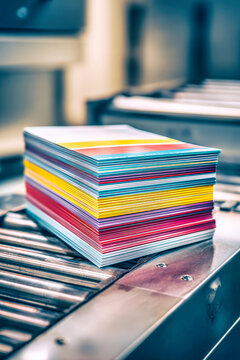Colorful brochures are stacked on a stainless steel conveyor belt in a printing house. Sheets separate from the top as a printing press works nearby
