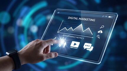 Hand holding transparent tablet with digital marketing graph and icons on futuristic blue background