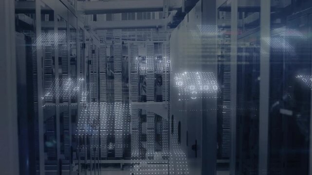 Binary overlay emerging across rack aisle, drifting and rippling codes to simulate network activity