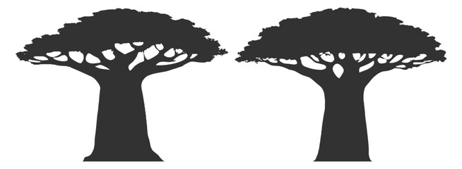 Baobab tree silhouette set, african savanna nature landscape vector illustration, thick trunk canopy branch botanical desert safari wild on transparent background © Alex