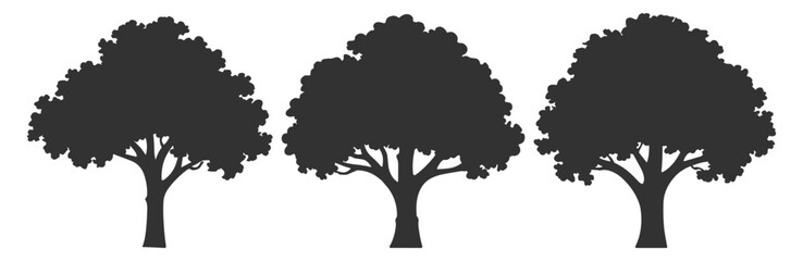 Tree silhouette set, oak baobab nature forest vector illustration, botanical canopy trunk branch leaf savanna africa wild on transparent background