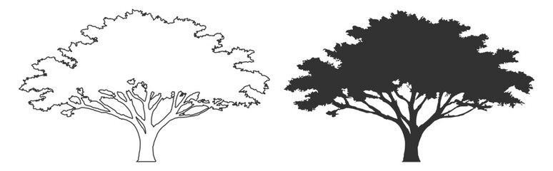 Obraz premium Tree silhouette collection, oak deciduous canopy vector illustration, forest nature landscape plant foliage, black isolated clipart on transparent background