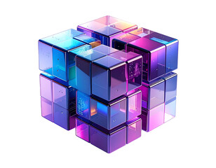 A glowing, iridescent cube composed of smaller, semi-transparent cubes