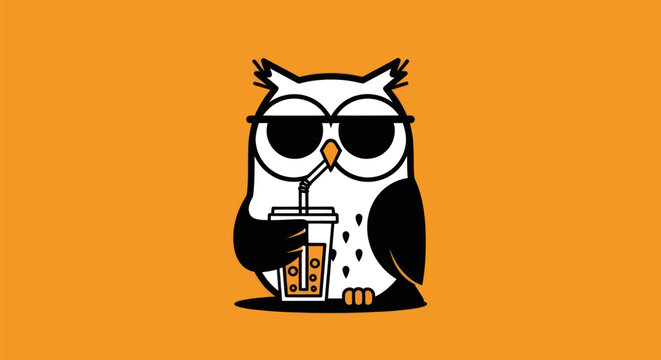 Cartoon owl drinking beverage on orange background