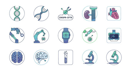 Collection of Medical and Scientific Icons Representing Biology and Technology.