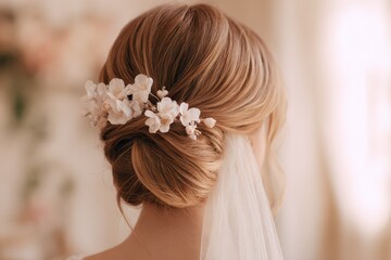 Naklejka premium Romantic back-view of a wedding hairstyle decorated with cotton blooms