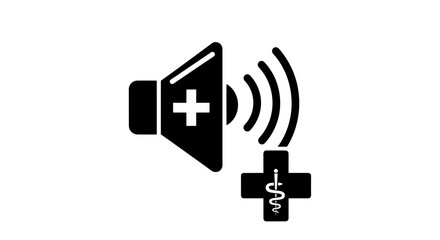Medical Alert Sound Icon: Black Speaker with Plus Sign and Caduceus Symbol.