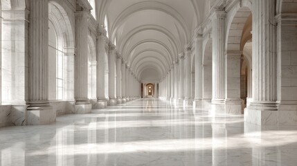Row of white marble pillars in a sunlit neoclassical interior