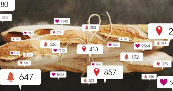 Two tied baguettes, pin appearing near knot, badges multiplying then fading, showing reach