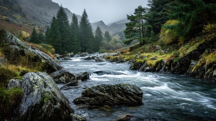 Rushing river through rugged Welsh mountains in a misty valley scene