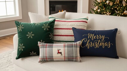 Cozy living room with christmas decorations festive pillows on a white couch by a fireplace with a lit tree
