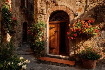Fototapeta premium Rustic doorway with climbing vines, potted plants, and golden hour light in the Italian countryside