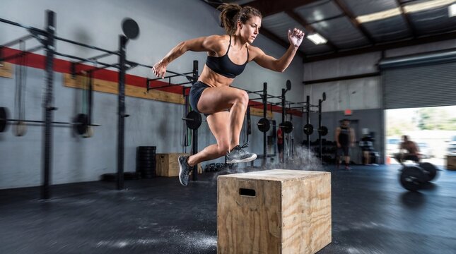 Box Jump: Athlete frozen in mid-air jumping onto a plyometric box, explosive energy, motion blur on background.