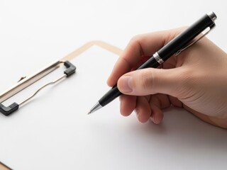 Hand writing with pen on notepad near clipboard