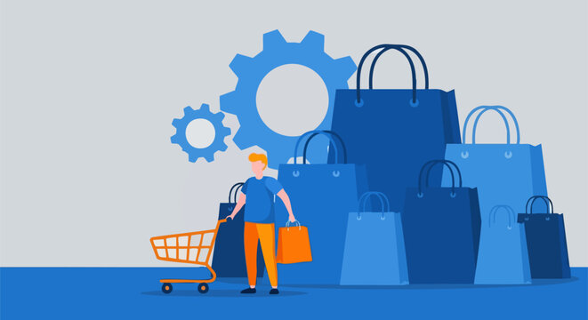 Illustration depicting a small shopper next to a large stack of retail bags symbolizing commerce and efficiency