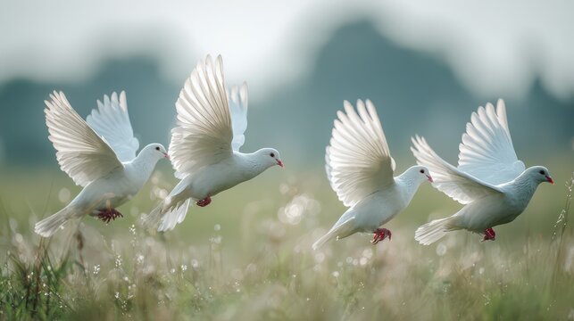 Serene group of white doves against a pale blue sky