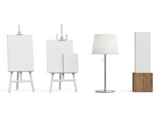 Minimalist art studio setup with easels and lamp
