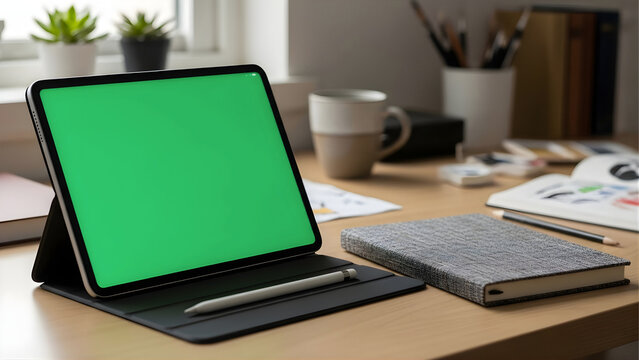 iPad Pro leaning against notebook, screen bright green, Apple Pencil beside it, creative workspace aesthetic, soft focus background 