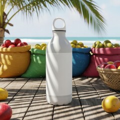 White metal bottle mockup standing on tropical beach with colorful fruit bowls