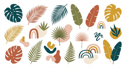 Fototapeta premium Abstract tropical leaves and rainbows seamless pattern background