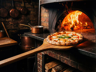 Chef putting pizza into wood fired oven traditional cooking italian food lifestyle restaurant background copy space authentic kitchen dinner