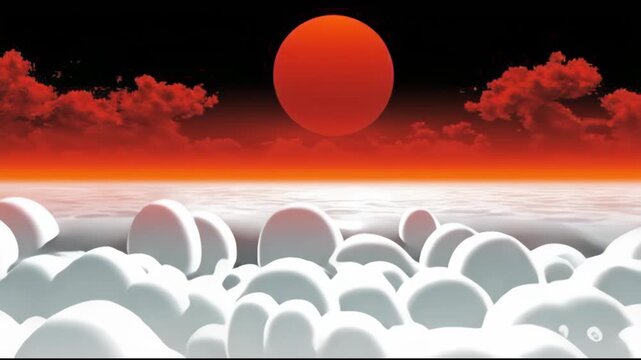 A large, bright orange sun is setting over a vast expanse of water.