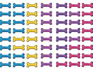 Colorful array of dog bones in blue, yellow, purple, and pink