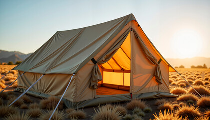 Khaki military tent illuminated by sunrise in open field