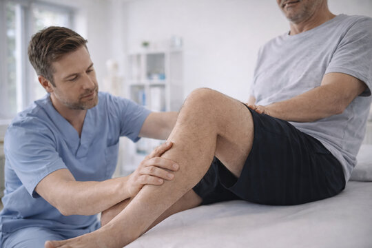 Kin&eacute;sith&eacute;rapeute accompagnant un patient en r&eacute;&eacute;ducation du genou