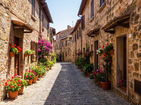 Quiet empty narrow street in italian village afternoon siesta lifestyle peaceful architecture rustic background copy space stone houses flowers