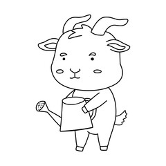 Fototapeta premium Goat Kid With Watering Can Kawaii Illustration