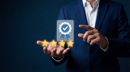 Businessman presenting a glowing rating icon with stars on a dark background symbolizing excellence and quality