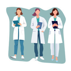 Group of Healthcare Professionals in Lab Coats Holding Tablets and Clipboards