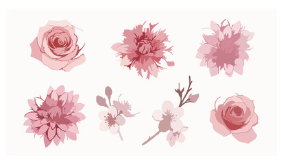 Decorative watercolor floral vector art with rose dahlia and cherry blossoms