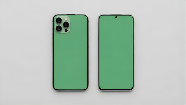 iPhone and Android phone side by side on light gray background, both screens solid green, same brightness, commercial tech mockup 