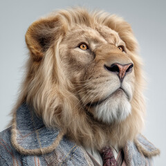 Majestic white lion portrait looking upward in soft natural lighting
