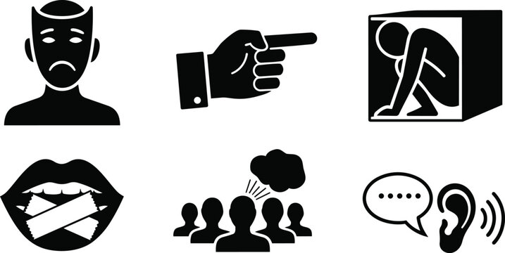 Flat design angry pointing finger and sad face isolation icons set depicting silence stigma social exclusion mental health awareness listening and boxed person closeup front view