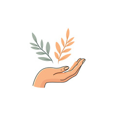 Open Palm with Green and Orange Leaves Representing Balance and Growth