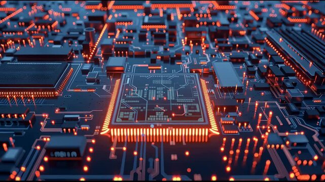 High tech computer circuit board with glowing red lights and advanced digital microchip components.