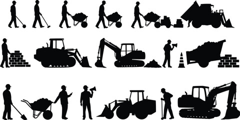 Construction workers and heavy equipment silhouettes, excavator, bulldozer, front loader, dump truck, manual labor scenes, wheelbarrow, bricklaying, site supervision, safety icons © Manu