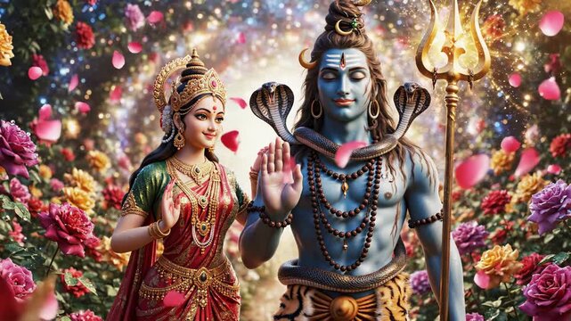 Divine Union - Shiva and Parvatis Enchanting Journey Through a Floral Paradise.