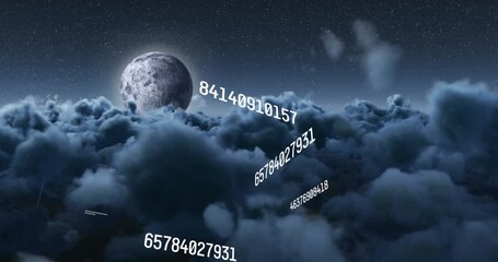 Animation of multiple changing floating over moon and dark clouds in the sky - Powered by Adobe