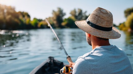 Obraz premium Man fishing from a small boat on a calm river, wearing a straw hat and gray shirt, with lush greenery and reflections visible in the water