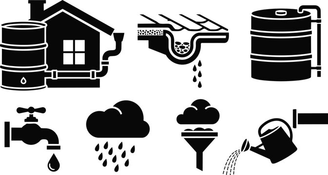 Flat design rain water harvesting icon set showing barrel house gutter down pipe faucet cloud rain drops filter funnel watering can vector silhouette monochrome minimal