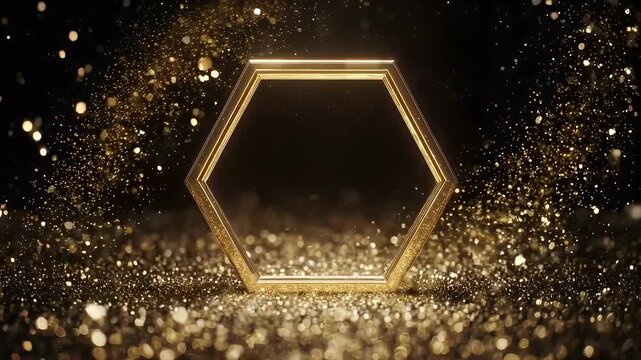A golden hexagon frame on a glittery surface with floating sparkles