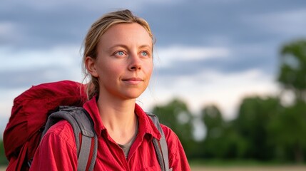 Naklejka premium Young female hiker with a red backpack stands outdoors, gazing into the distance with a serene expression against a backdrop of trees and cloudy sky during a hiking adventure