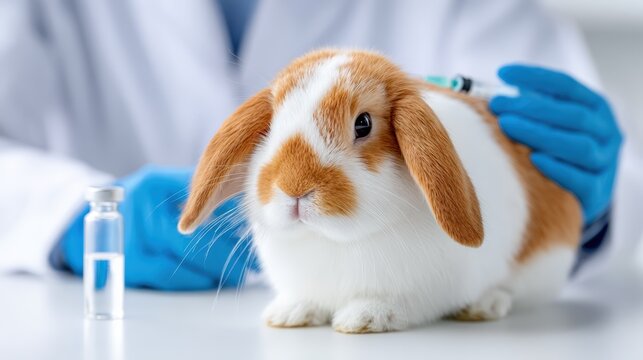 Domestic rabbit receiving a vaccination in a veterinary clinic with a veterinarian's gloved hand holding a syringe and a vial of medicine on the table nearby