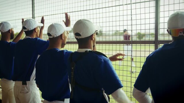 Baseball players watch game action from the dugout