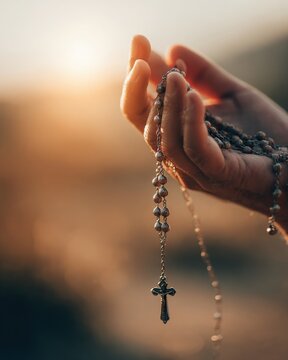 Rosary Prayer Hands Catholic Holy Week Spain Faith Devotion.Hands holding a rosary with cross in golden sunset light. Religious faith and prayer concept